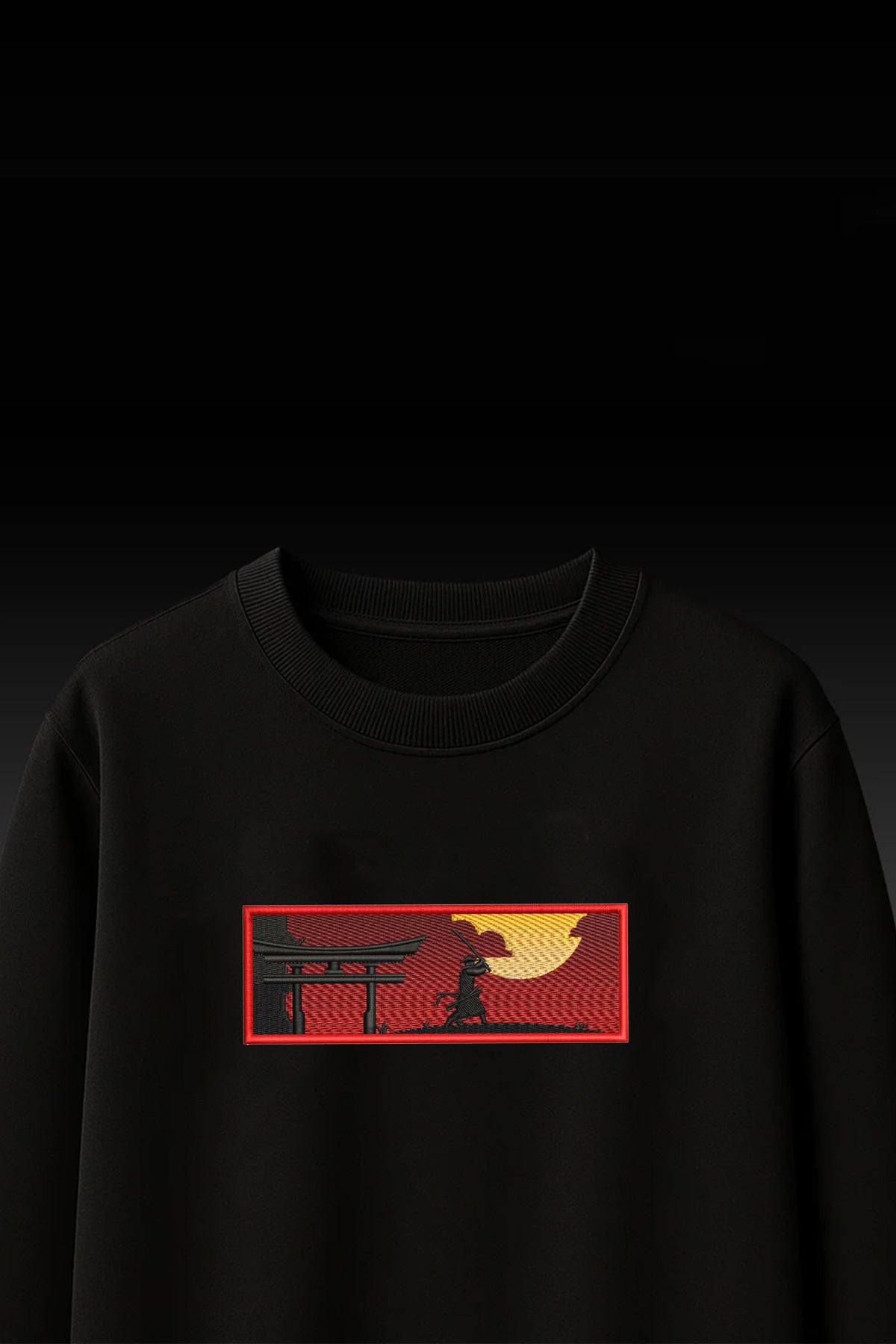 Samurai Sunset Embroidered Black T-Shirt